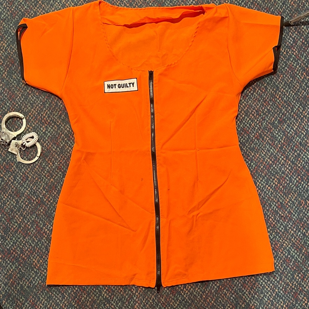 Sexy Convict Halloween Costume Orange Mini Dress w Zipper, Heart &fake handcuffs - Picture 3 of 15